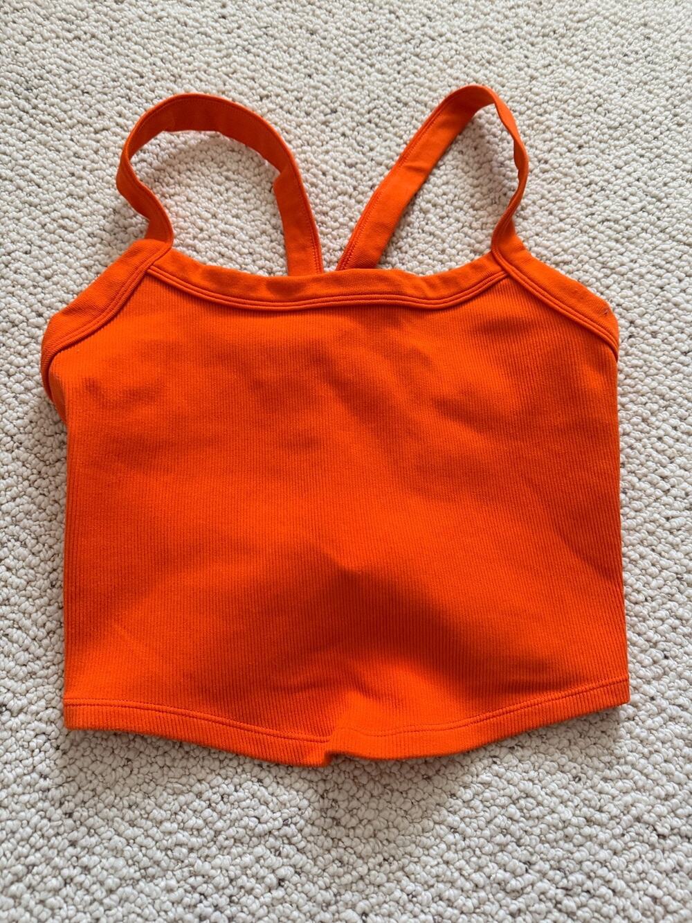 Womens Ribbed Crop Cami Tank Top Racerback Scoop Orange Yoga Pilates M/L